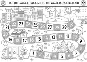 Ecological black and white dice board game for children with garbage truck going to waste recycling plant. Earth day line boardgame.  Nature protection printable coloring page vector