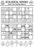 Vector ecological sudoku puzzle for kids with pictures. Simple black and white Earth day quiz or coloring page. Eco awareness education line activity with zero waste concept. Find missing objects