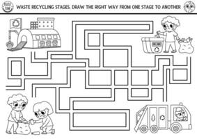 Ecological black and white maze for children with kids sorting out the rubbish. Earth day preschool activity. Eco awareness or zero waste labyrinth coloring page with garbage recycling stages vector