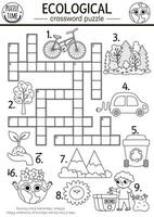 Vector ecological crossword puzzle for kids. Black and white Earth day coloring page with eco city landscape. Eco awareness educational line activity. Cute cross word with forest, planet