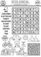 Vector ecological wordsearch puzzle for kids. Black and white Earth day word search coloring page with forest, waste sorting, planet. Eco awareness activity. Environment friendly cross word