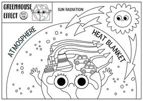 Greenhouse effect banner for kids. Kawaii style black and white ecological problem explanatory poster. Educational Earth day line illustration. Sun radiation and atmosphere coloring page vector