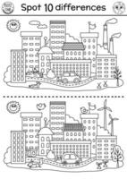 Find differences game. Ecological black and white educational activity with eco town or city. Earth day line puzzle for kids. Eco awareness or zero waste printable coloring page vector