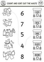 Match the numbers black and white ecological game with garbage, rubbish bins. Zero waste math activity. Eco awareness educational counting coloring page with waste sorting concept vector