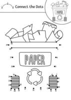 Vector dot-to-dot and color activity with cute waste container with paper trash. Ecological connect the dots game. Eco awareness coloring page for kids. Printable worksheet with numbers