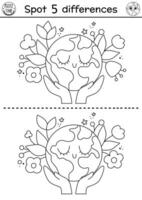 Find differences game. Ecological black and white educational activity with hands holding cute planet with flowers. Earth day line puzzle for kids. Eco awareness or zero waste printable coloring page vector