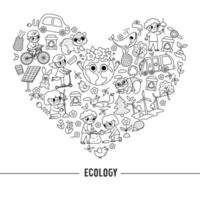 Vector black and white ecological heart shaped frame with cute children caring of nature. Earth day card template for banners, invitations. Cute environment friendly coloring page, nature love concept