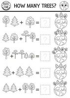 How many trees black and white game with cute planet. Ecological math addition activity for preschool children. Simple eco earth day printable counting coloring page for kids with plants and Earth vector