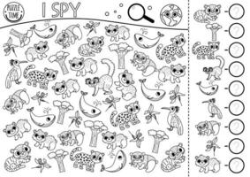 Ecological black and white I spy game for kids. Searching and counting activity with extinct animals. Earth day line printable worksheet. Eco awareness coloring page with endangered animals vector