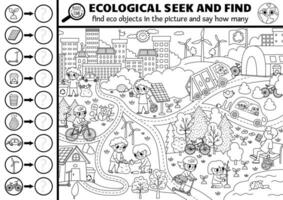 Vector black and white ecological searching game with eco city landscape. Spot hidden objects in the picture and say how many. Earth day seek and find and counting printable coloring page