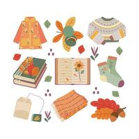 Raincoat, chestnut, acorn, book, sock, leaves, plaid, sweater. Hello autumn. Autumn season element, icon. vector