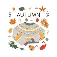 Leaves, knitted sweater. Hello autumn. Autumn season element, icon. vector