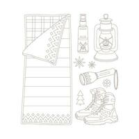 Camping and hiking set, drawn elements  oil lamp, flashlight, sleeper, footwear, mosquito spray. vector