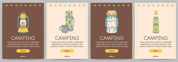 Set of promotional flyers for camping, travel, hiking, picnic. Vector illustration for poster, banner, cover, advertisement, web page.