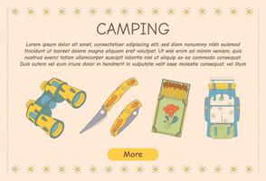 Promotional flyer for camping, travel, hiking, picnic. Vector illustration for poster, banner, cover, advertisement, web page.