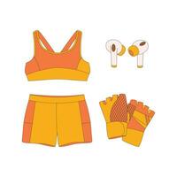 Sports top, shorts, sportswear, headphone. Sport equipment. Fitness inventory. vector