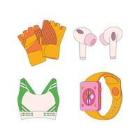 Sports top, sportswear, gloves, headphone, fitness watch. Sport equipment. Fitness inventory. vector