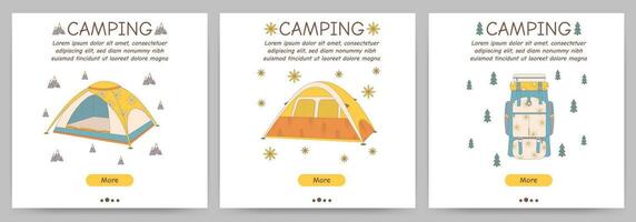 Set of promotional flyers for camping, travel, hiking, picnic. Vector illustration for poster, banner, cover, advertisement, web page.