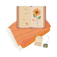 Book, leaves, tea, plaid. Hello autumn. Autumn season element, icon. vector