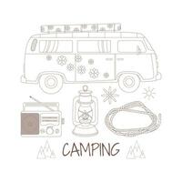 Camping and hiking set, drawn elements  oil lamp, van, rope, radio. Wilderness survival, travel, hiking, outdoor recreation, tourism. vector