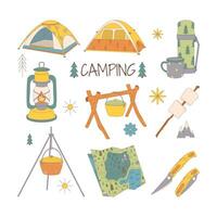 Camping and hiking set, drawn elements  tent, thermos, marshmallow, map, flashlight, cauldron. vector