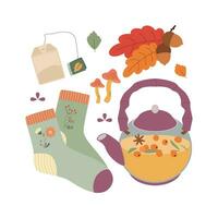 Acorn, mushroom, sock, leaves, tea. Hello autumn. Autumn season element, icon. vector