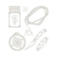 Camping and hiking set, drawn elements  compass, knife, matches, rope. vector