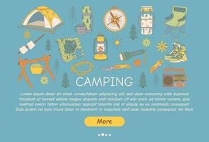 Promotional flyer for camping, travel, hiking, picnic. Vector illustration for poster, banner, cover, advertisement, web page.