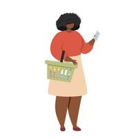 Cute girl is holding a basket and checking the list of groceries. vector