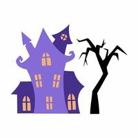 Purple witch magic castle and crooked tree. Vector doodle illustration. Halloween sticker.