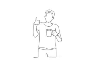 A man holding a cup of coffee with a thumbs up vector