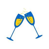 Two glasses of sparkling drink. Festive glasses clink loudly, splashing champagne. Cute modern print in blue and yellow on a white background. Vector. vector