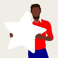 A man in a red shirt and jeans holds a star with copy space. The customer leaves positive or negative feedback. Flat style. Vector. vector