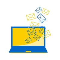 ordenador portátil y correos electrónicos en un moderno diseño en un blanco antecedentes son hecho de amarillo y azul. vector. vector