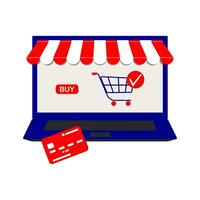 Shop online. E-commerce shopping concept with open laptop screen and credit card for payment. Striped canopy over the window. Trendy web interface design in flat style. Vector. vector