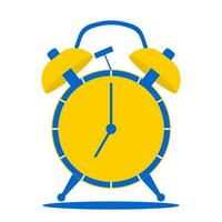 Vintage alarm clock with yellow and blue color arrows showing 7am isolated on white background. It's time to get up and wake up for work, school. Vector. vector