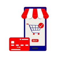 Shop online. E-commerce shopping concept with open phone screen and credit card for payment. Striped canopy over the window. Trendy web interface design in flat style. Vector. vector