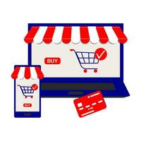 Online store. E-commerce shopping concept with open screen laptop and phone. Striped canopy over the window. Trendy web interface design in flat style. Vector. vector