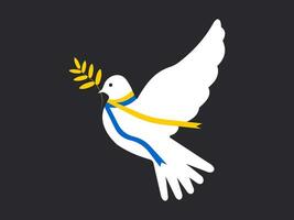 A white dove of peace with a ribbon of the symbolic colors of the Ukrainian flag of blue and yellow on a black background. Vector. vector