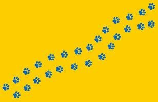 patas de un gato, perro, perrito en azul color en un amarillo antecedentes en un plano diseño. diagonal animal huellas para veterinario clínica sitios web, linda mascota carteles vector. vector