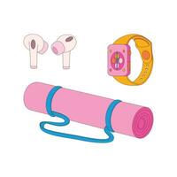 A mat, headphone, fitness watch. Sport equipment. Fitness inventory. Flat vector illustration.