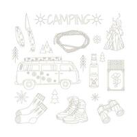 Camping and hiking set, drawn elements knife, matches, bonfire, van, mosquito spray, binoculars. vector