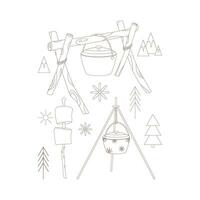 Marshmallow, cauldron. Drawn elements for camping and hiking. Wilderness survival, travel, hiking, outdoor recreation, tourism. vector