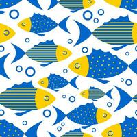 Creative blue and yellow fish on a white background. Cute nautical seamless pattern for textile and paper products. Vector. vector