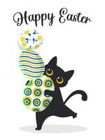 Happy Easter. A black cute cat holds colored Easter eggs in its paws. Vertical modern holiday poster. Vector. vector