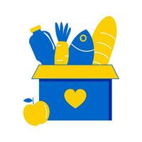 Grocery humanitarian set in blue and yellow colors. Donations and charity food, bread, water, fruits and vegetables. Volunteer help. Vector. vector