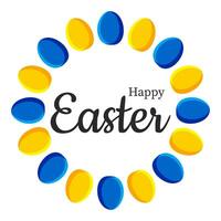 Yellow and blue eggs on a white background are arranged in a circle with black congratulatory text. View from above. Spring holiday Happy Easter. Vector. vector