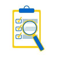 Magnifying glass and checklist in blue and yellow. Information search icon isolated on white background. Vector. vector