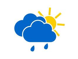 Blue cloud with raindrops and yellow sun. Wet rainy weather forecast icon isolated on white background. Vector. vector