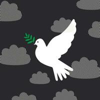 The white dove of peace with a sprig flies in the gloomy sky among the clouds and gives hope and faith in victory and peace on the planet. Vector. vector